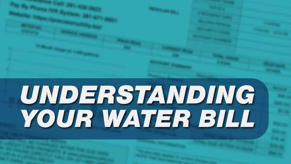 Banner with the words ‘UNDERSTANDING YOUR WATER BILL’ over a blurred background of a utility bill document with charges and account details.