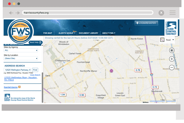 Browser screenshot of the Harris County Flood Warning System map showing recent rainfall totals, with address search panel and navigation for alerts, maps, and documents.
